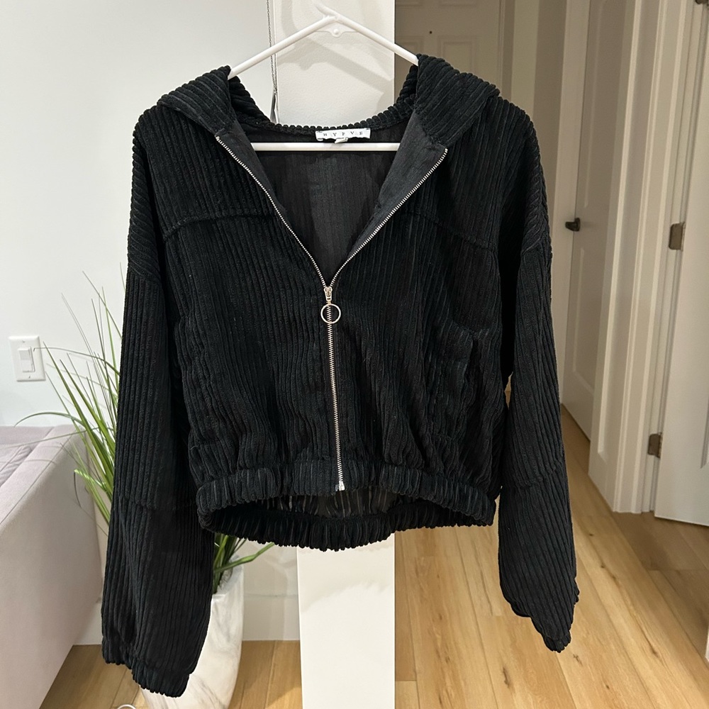 HYFVE Cropped Black Wide Wale Corduroy Zip Hoodie Woman's Jacket Coat Size M